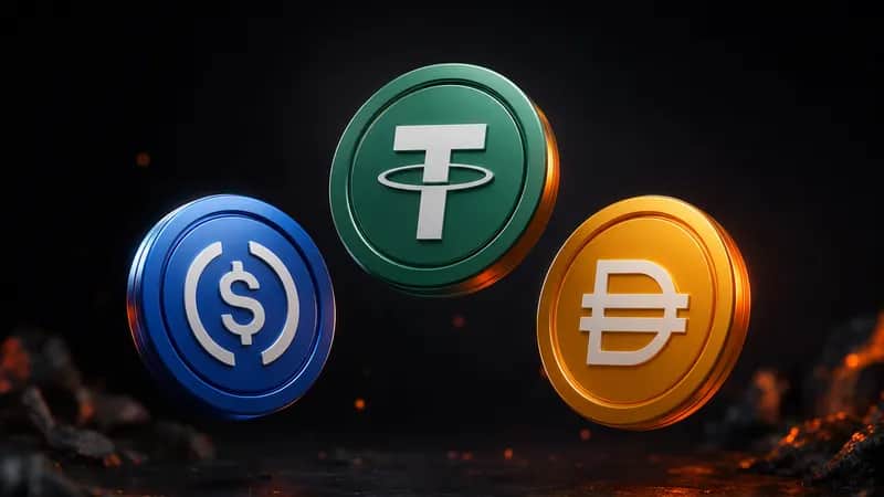 3D render of USDC, USDT, and DAI stablecoin tokens